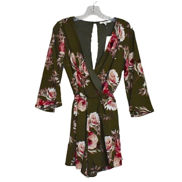 Mi Ami Francesca's 3/4 Sleeve Boho Hippie Green Floral Romper Size Sm - Picture 1 of 9